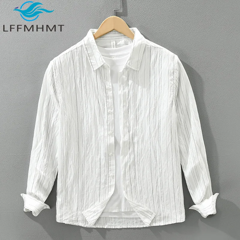 

7837 Модная повседневная рубашка из смеси хлопка в японском стиле в полоску с длинными рукавами, мужская модная универсальная литературная свободная посадка, повседневная одежда