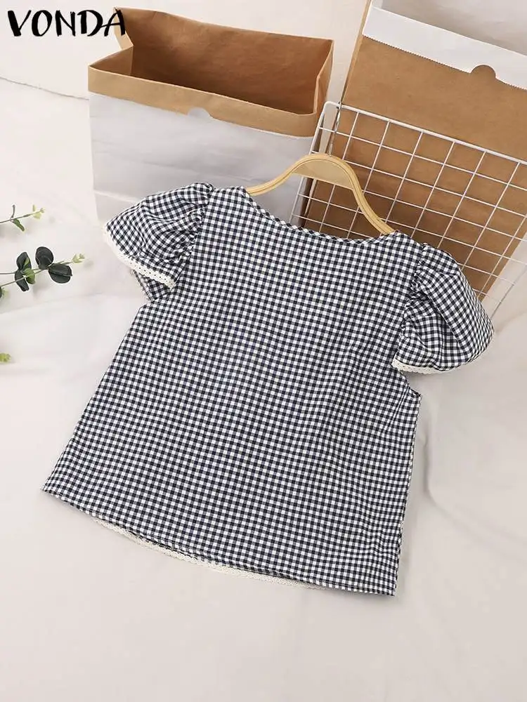 VONDA 2024 Summer Vintage Plaid Blouses Women Sqaure Collar Lace Tunic Tops Fashion Short Puff Sleeve Casual Loose Ruffled Shirt