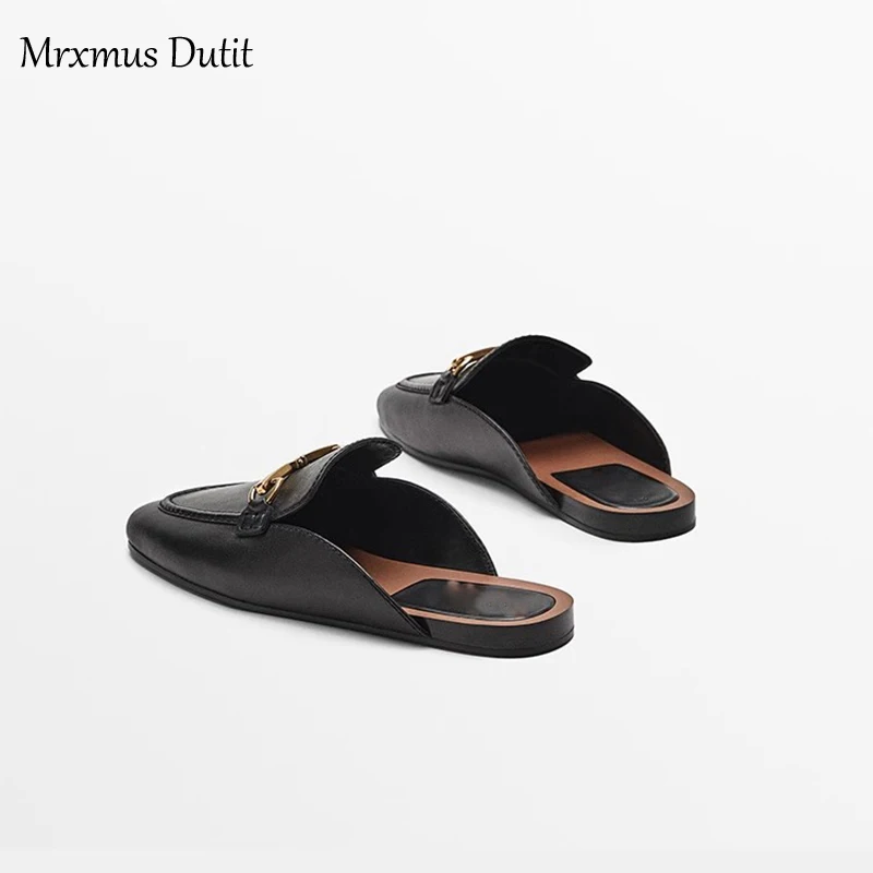 Mrxmus Dutit 2023 Fashion Women New Genuine Leather Shoes Metal Buckle Mules Shoes Casual Wild Simple Sandals Slippers Female