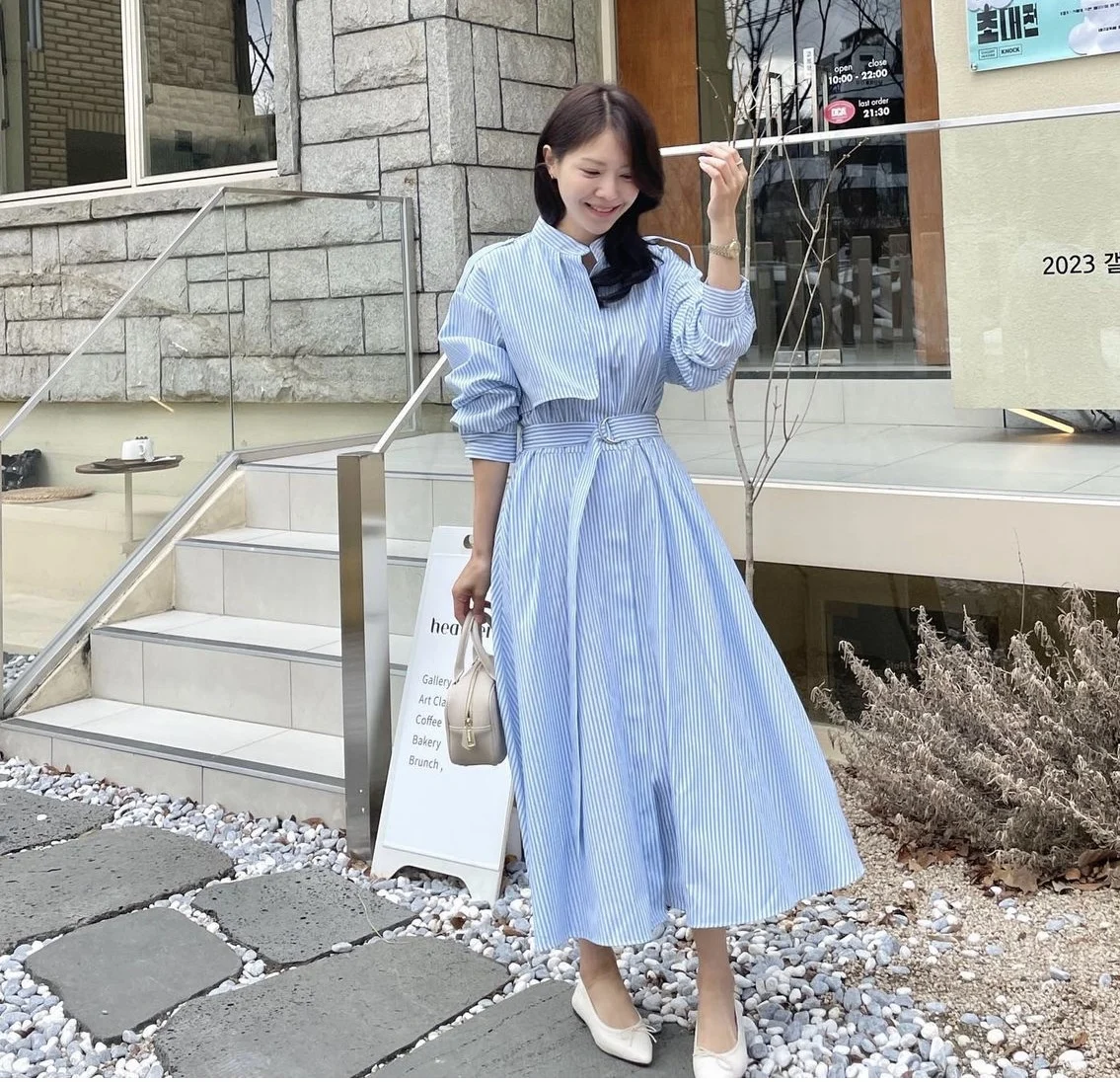 Korean New Spring Summer Women Long Striped Shirt Dress With Belt Three Quarter Stand COllar Slim A Line Office Casual Dresses