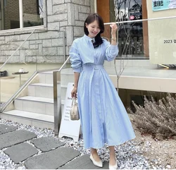 Korean New Spring Summer Women Long Striped Shirt Dress With Belt Three Quarter Stand COllar Slim A Line Office Casual Dresses