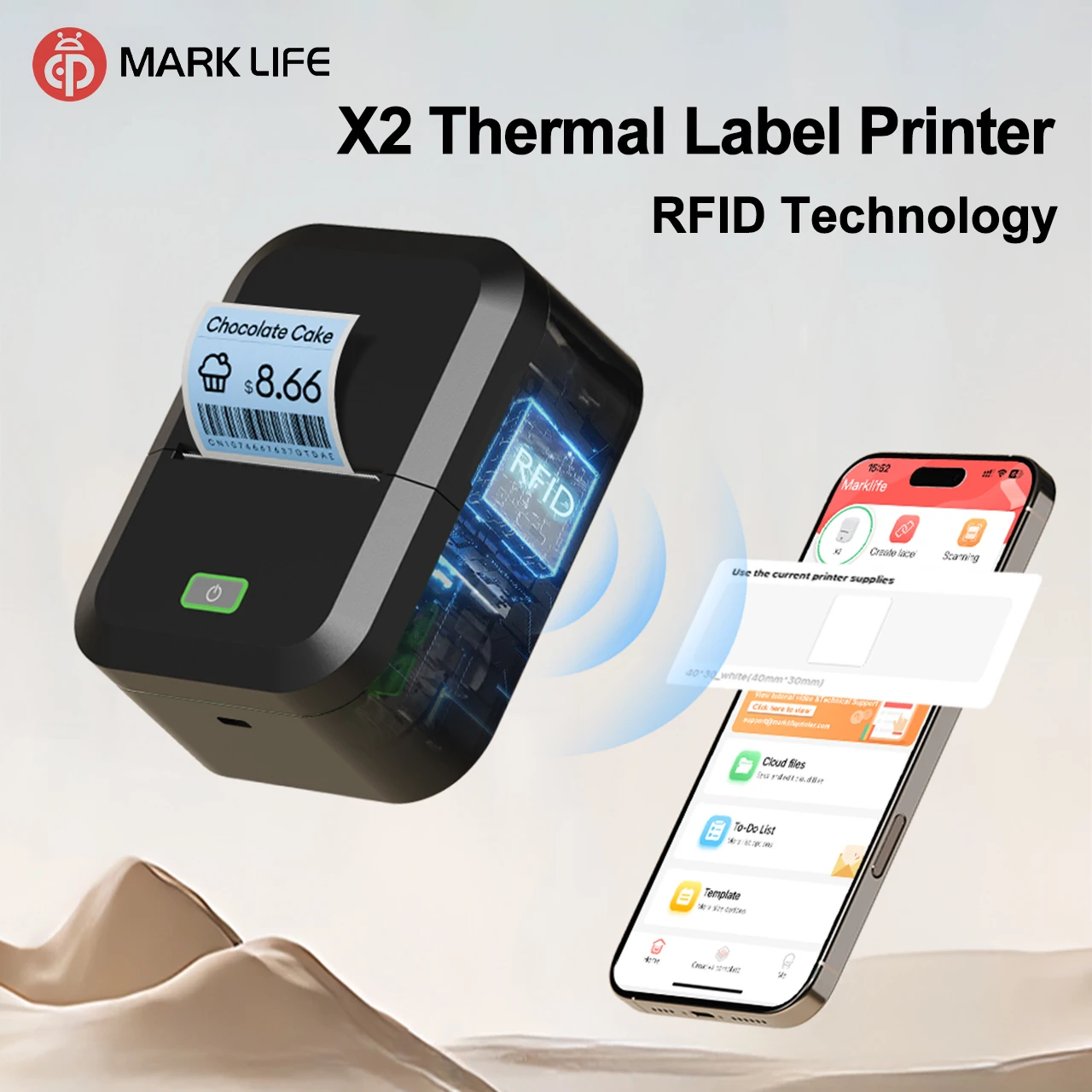 Marklife X2 Label Printer 2 Inch Portable Mini Thermal Printer RFID Label Sticker Maker Inkless Self-adhesive Printing Machine