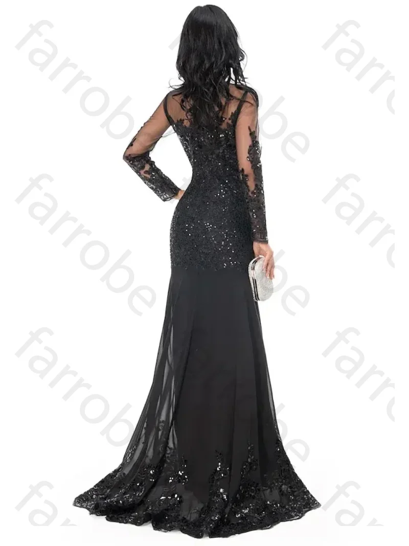 Customized Black Mermaid Sequin Lace Evening Dress Round Neck Long Sleeve with Appliques Satin Porm Dress Vestidos De Noche image 4