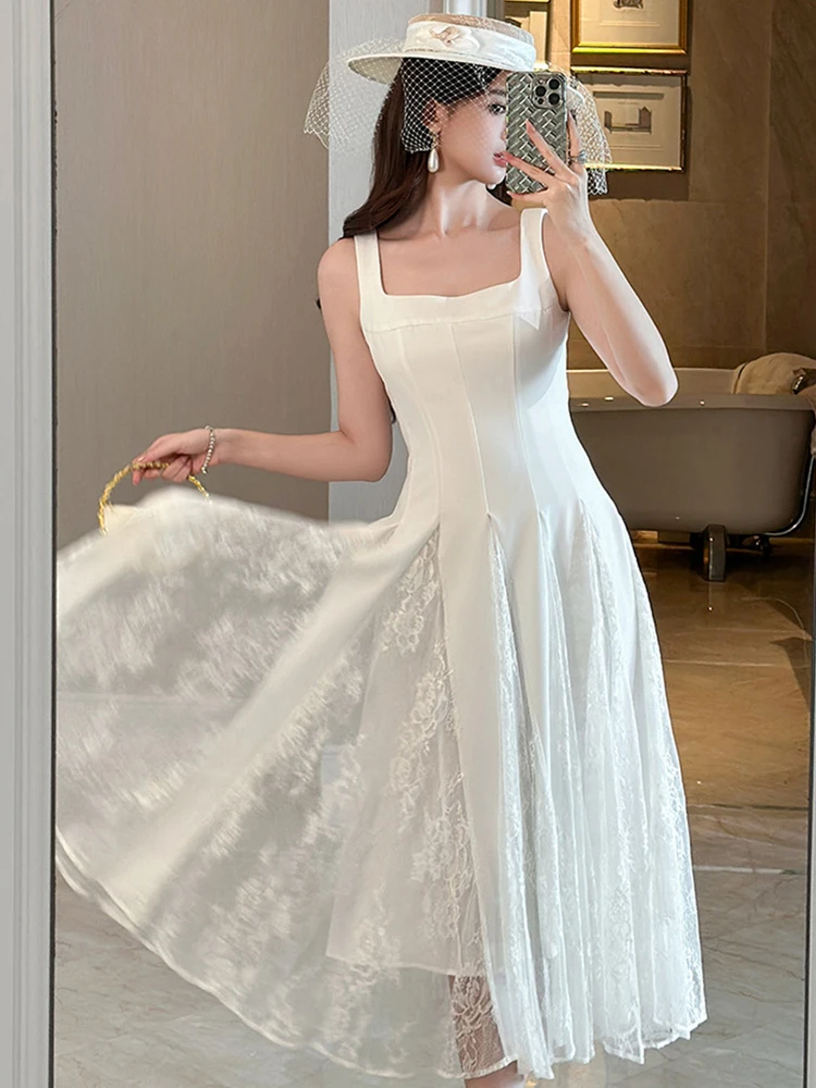 Elegante Dameskleding Kant Vrouwen Witte Sling Maxi Jurk Sexy Vierkante Hals Slanke Formele Feestjurk Gewaad Mode Vestidos Mujer Nieuw