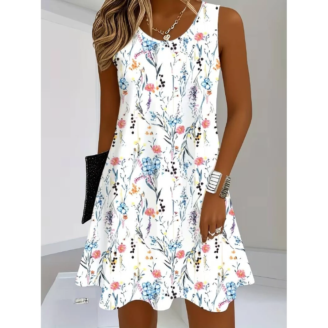 

Summer Floral Sleeveless Dress Women's Midi Skirt U-Neckline Straight Cut Large Size Travel Wear Wool Blend Fabric