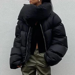 OMSJ 2026 New Arrivals Cotton Padded Parka Coat Trendy High Collar Warm Thick Zipper Loose Puffy Jacket Outwear Women Streetwear