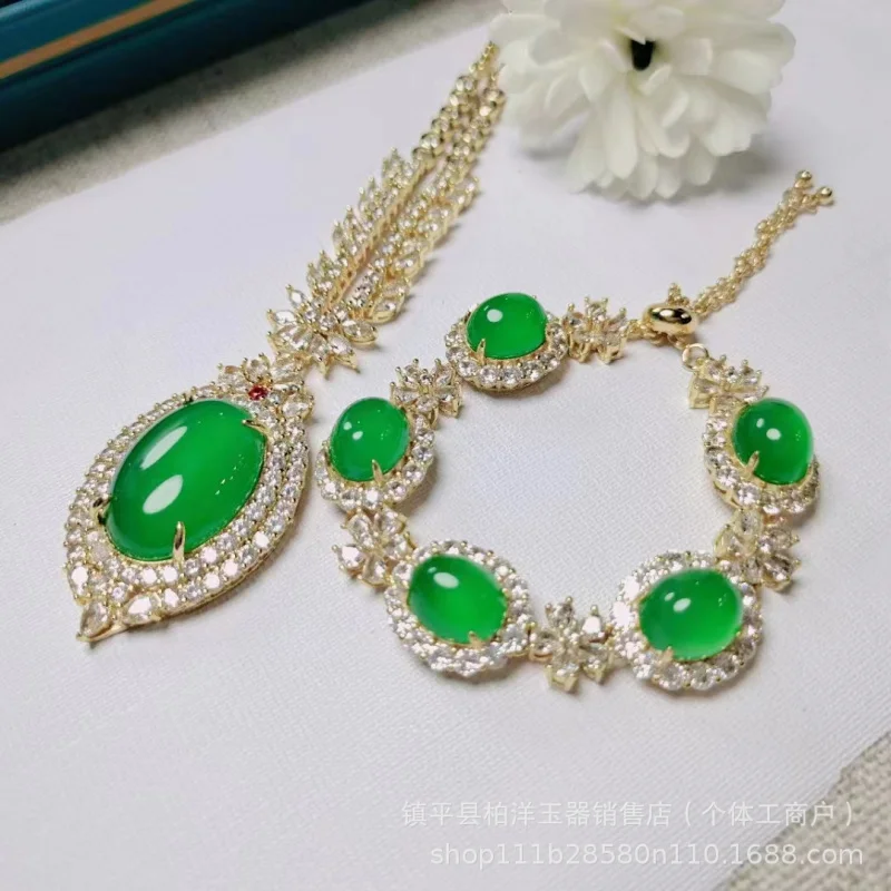 High Quality Jadeite Jade Silver-Plated Zircon Full Inlaid Emerald Green Chalcedony Pendant-Shaped Surface A view 3