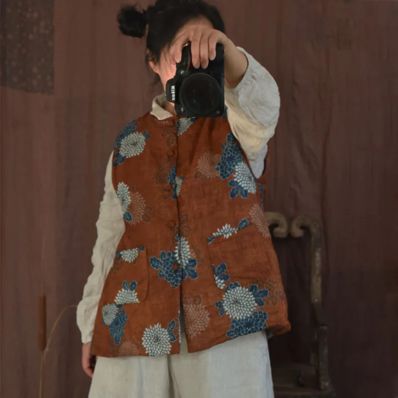 

Women's Thin Quilted Lightweight Cotton Vest Ramie Printed Autumn Vintage Single Row Button Sleeveless Jacket Short Waistcoat