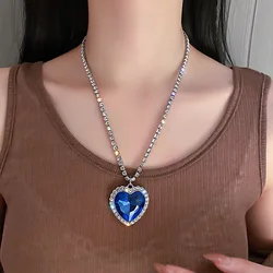 Blue Crystal Big Heart Pendant Necklace for Women Full Rhinestone Chain Collar Titanic Heart Ocean Love Forever Fashion Jewelry