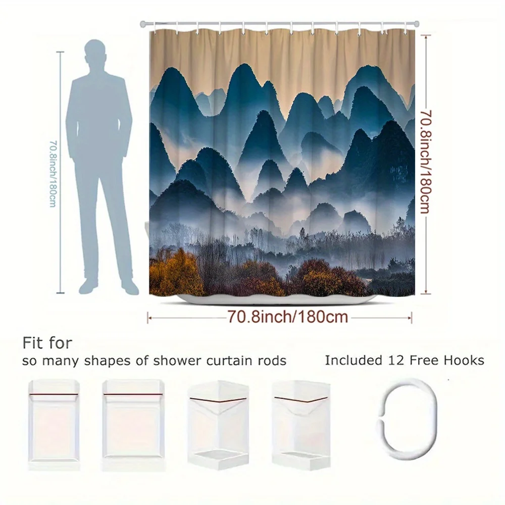 

1 шт., пейзажная занавеска для душа в виде горы и реки, декор для ванной комнаты, полиэфирная ткань, разделитель для ванны, подвесная занавеска с 12 крючками