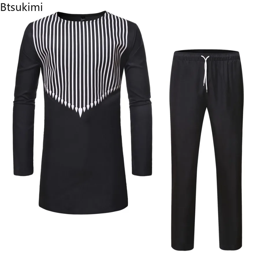 Ethnic Style African Tradition Clothing Men's Mid-length Long Sleeve T-shirt Pants Two Piece Sets Striped Print Men Fashion Suit