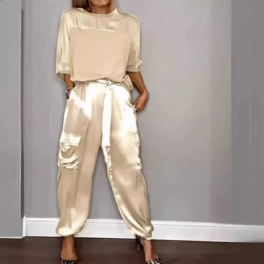 Pocket Patchwork Set with Five Sleeve Long Pants Full Length Casual Japanese Korean Casual Women Matching Sets Summer Season