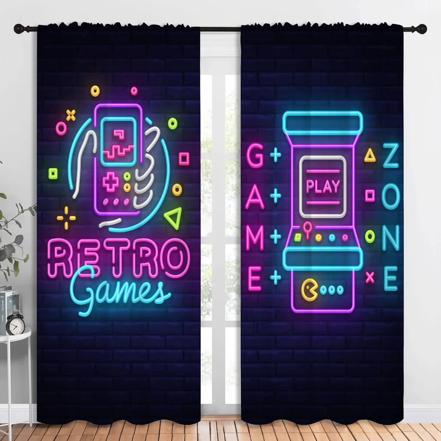 Art Retro Game and Arcade Game Rod Pocket Blackout Curtains for Boy Girl Bedroom, Video Gaming Gamepad and Wall Background Light