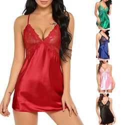 Women Sexy Lace Satin Women Secret Clothes Nightdress Thong Ultra-Thin Sleepwear Lingerie See Through Pajamas Set Erotic Hot