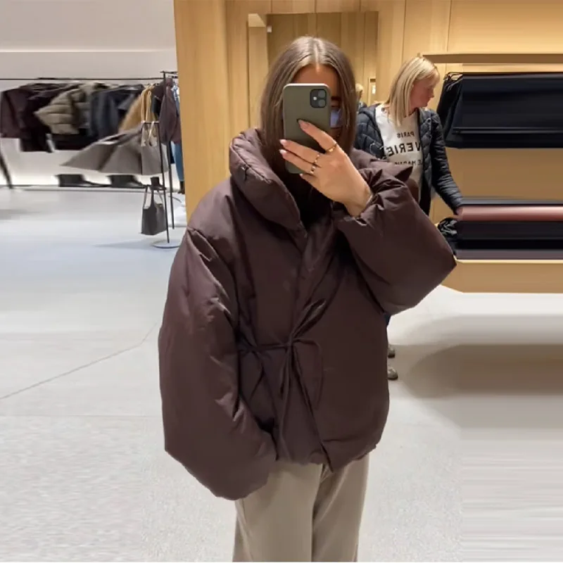 

Winter Warm Puffer Women's Down Jacket Thicken Single Breasted Cotton Padded Coat High Collar Lace Up Outwear 2025 New Lady Coat