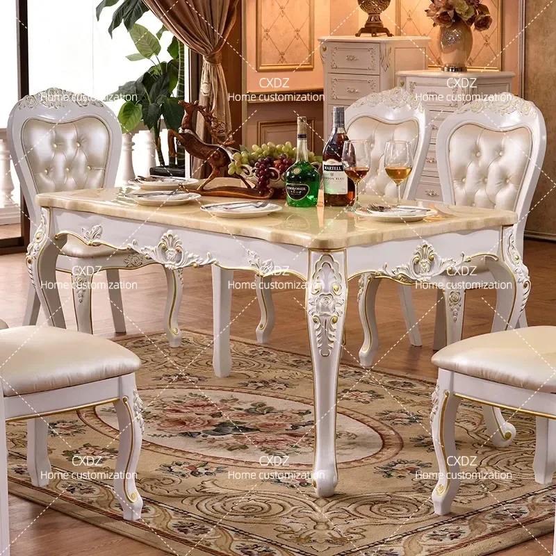 Solid Wood Dining Table Set with Marble Top Modern Square Rectangular Table and Chairs for 6 People Small Apartment Western