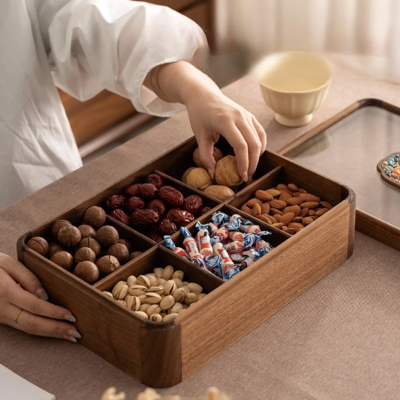 

Luxury Solid Wood Snack Organizer Large Capacity Candy Serving Platter Walnut Dining Table Fruit Tray High-End Home Decor Box
