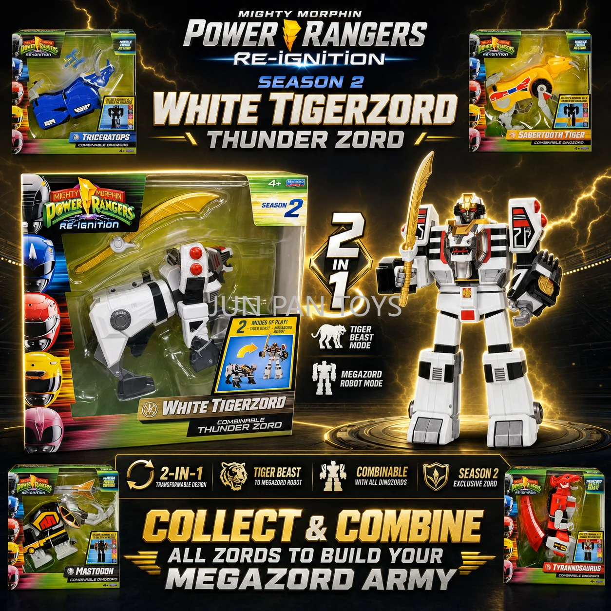 Figura Colecionável Original Mighty Morphin Power Rangers Re-Ignition Combinable White Tigerzord Dino Triceratops, Brinquedos para Crianças