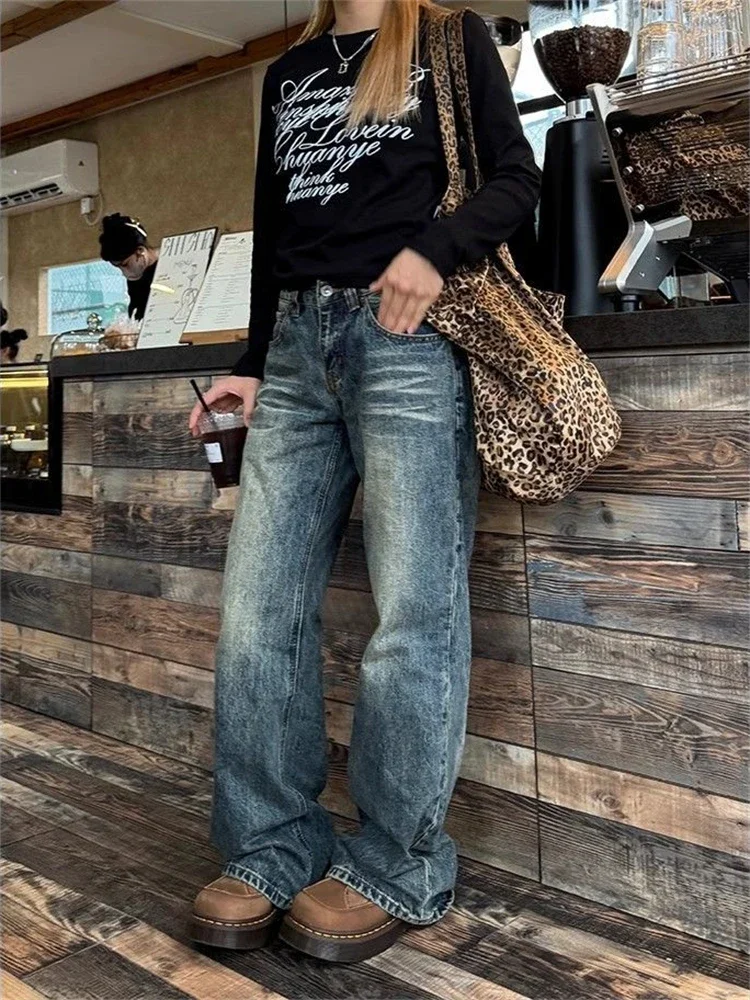 

Women's Fashion Vintage Blue Do Old Jeans Cool Girl Fashion Style Street Pants Bottoms Female High Waist Vibe Regular Trousers
