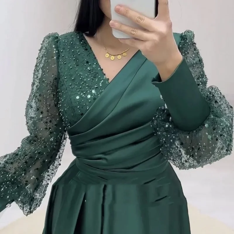 

Saudi Arabia Elegant Ball Party Dress V-neck Formal Occasion Long sleeved A-line Long Evening Dress Tank Top 2024