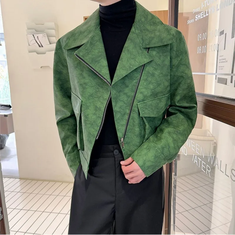 New Men\'s Short PU Leather Jackets Matte Tie-dyed Fashion Motorcycle Coat Hip Hop Streetwear Clothes Man Green Pink
