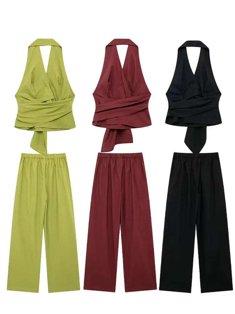 TRAFZA Female Chic Sets V-Neck Sleeveless Backless Zipper Tops+Elastic Waist Lace-Up Wide Leg Pant ​​​​Summer Suit Woman Trendy