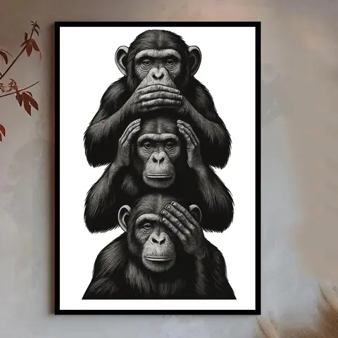 Three Wise Monkeys Wall Art, See No Evil Hear No Evil Speak No Evil Poster, Black and White Illustration, Printable Animal Decor