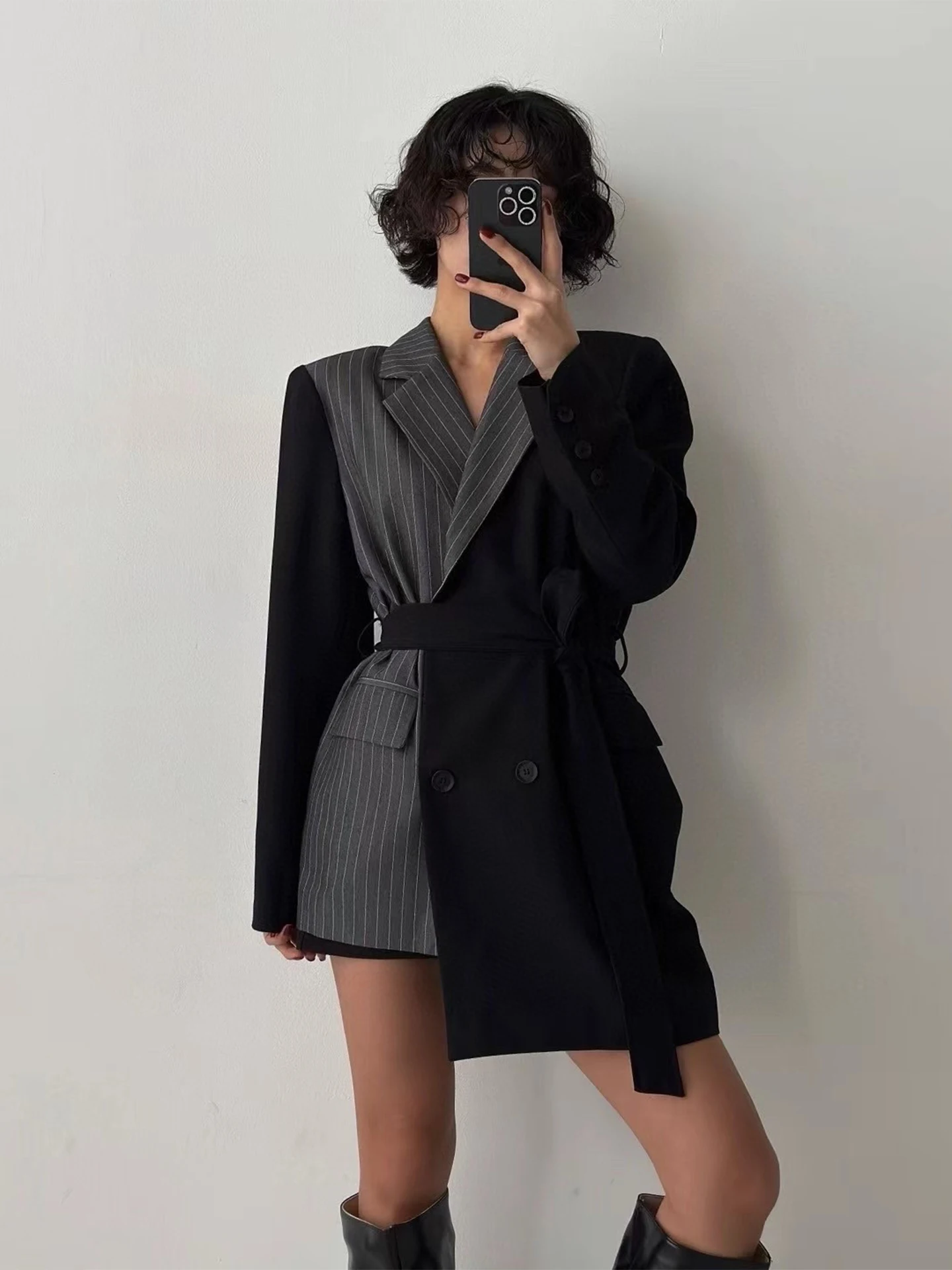 

Chic Autumn Asymmetric Color Blo Striped Belted Long Sve Suit Jaet Women's Commute Sle Loose Fit Double Breasted
