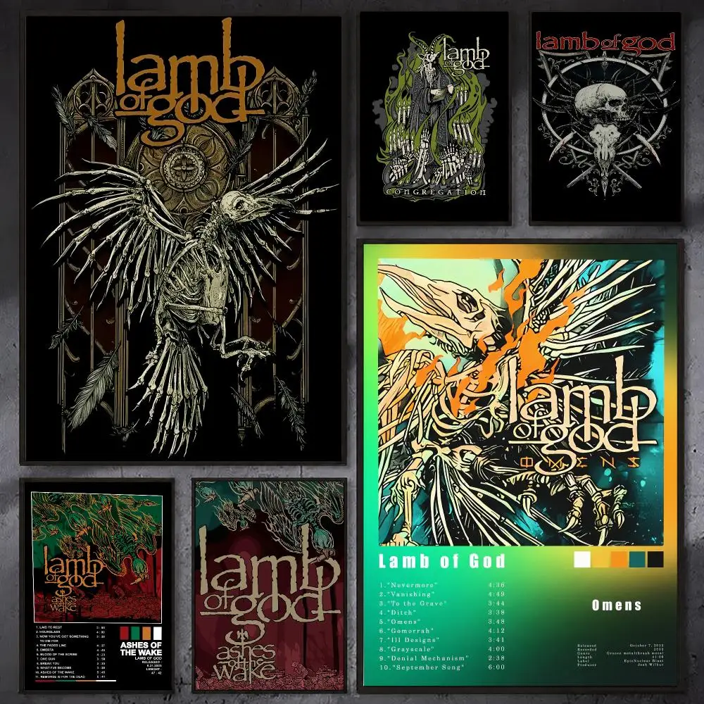 L-Lamb Of God Rockband-Album-Poster, wasserdichter, selbstklebender Wandkunstdruck für Schlafzimmer, Wohnzimmer, Flur, Bar, Heimdekoration