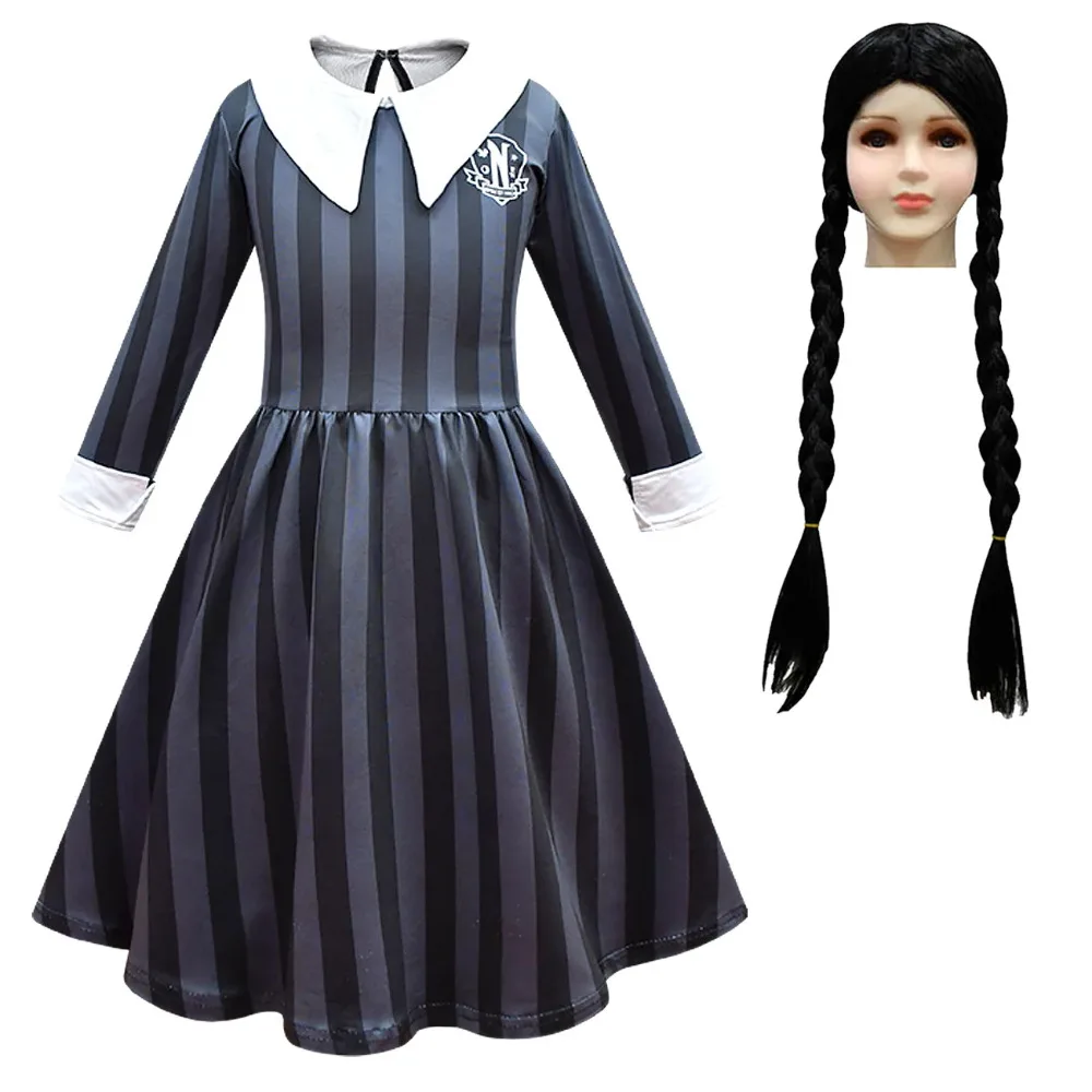 Wed Addams Kid Cosplay Costume Schoolgirl Nevermore School Uniform Dress Halloween Gift for Girls Halloween Carnival Party Skirt