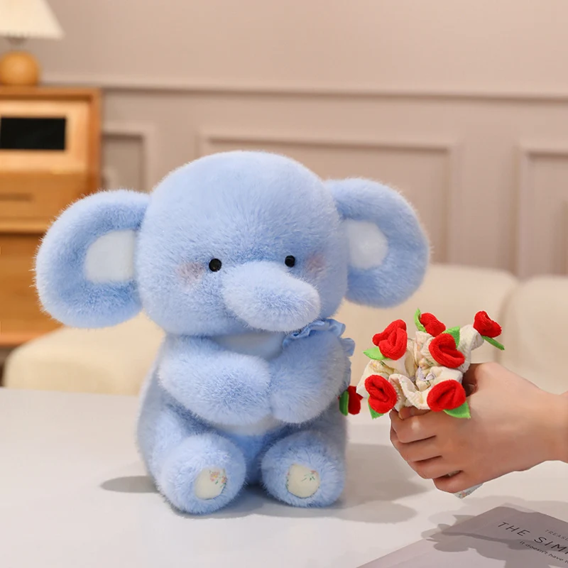 

New 30cm Elephant Holds Rose Plush Toys Animals Dolls Super Soft White Pink Blue Pillow Birthday Christmas Gifts Party Decor