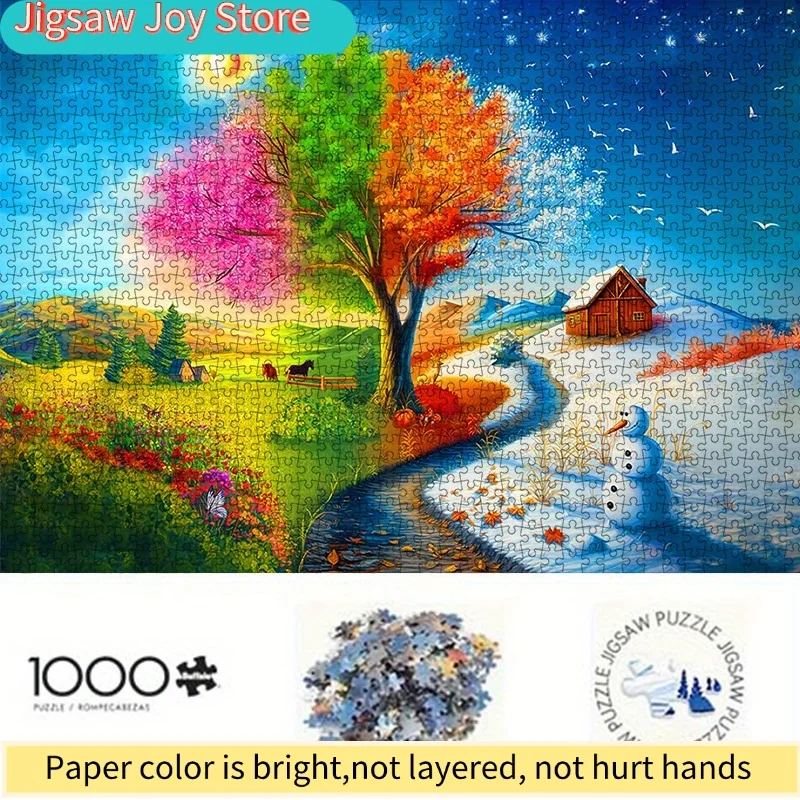 

1000pcs DIY Four Seasons Scenery Jigsaw Puzzle - Vibrant Landscape with Colorful Tree, Snowy Cabin & River - High-Quality Card