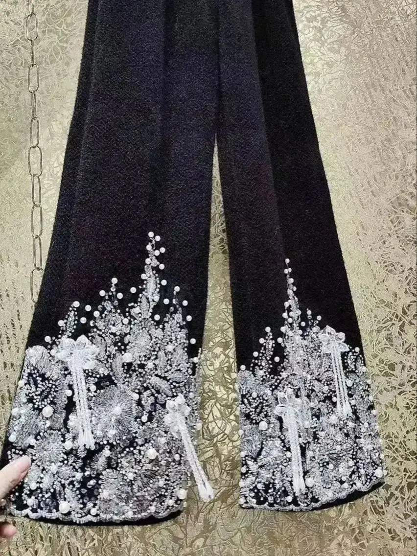 Unique Design Luxury Heavy Industry Embroidered Flares Knitted Thick Warm Long Pants Women Trousers Winter Black Straight Pant