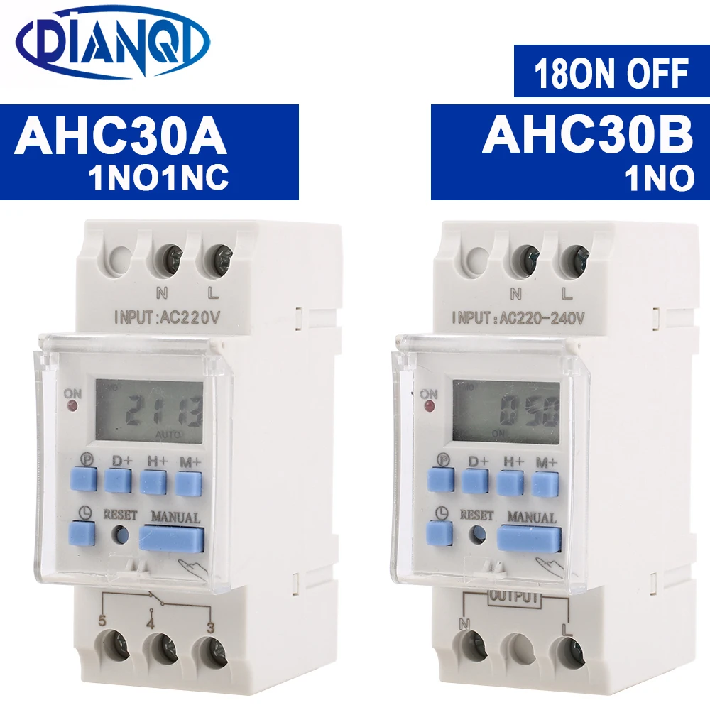 Din Rail AHC30A 1NO1NC 40A 7Days LCD Weekly Programmable Electronic Timer Switch AHC30B 1NO 220VAC 12V24VDC 18ON/OFF Time Relay