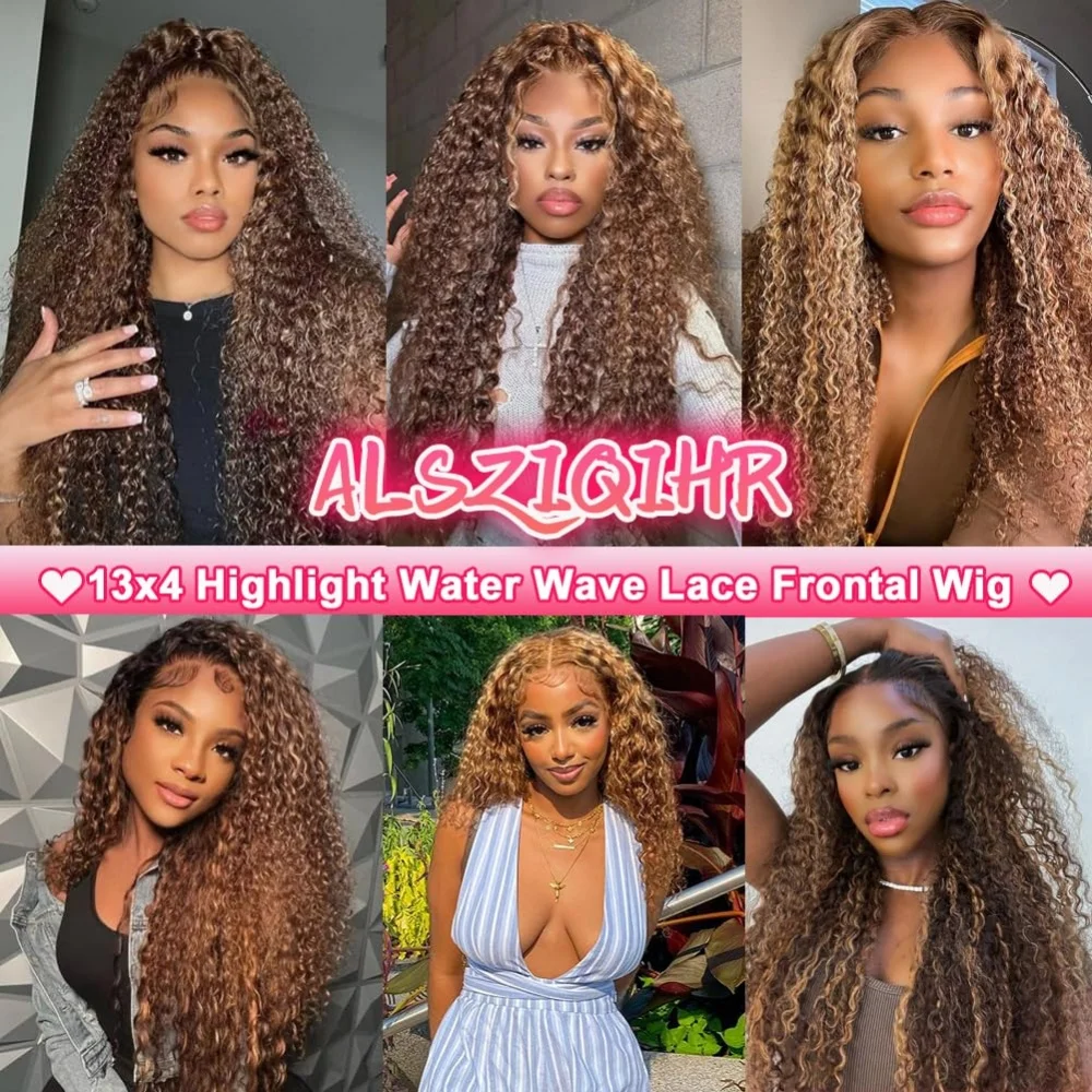 Pelucas frontales de encaje rizado profundo para mujer, cabello de bebé prearrancado, 200% de densidad, resaltado rubio miel 4/27, 13x4