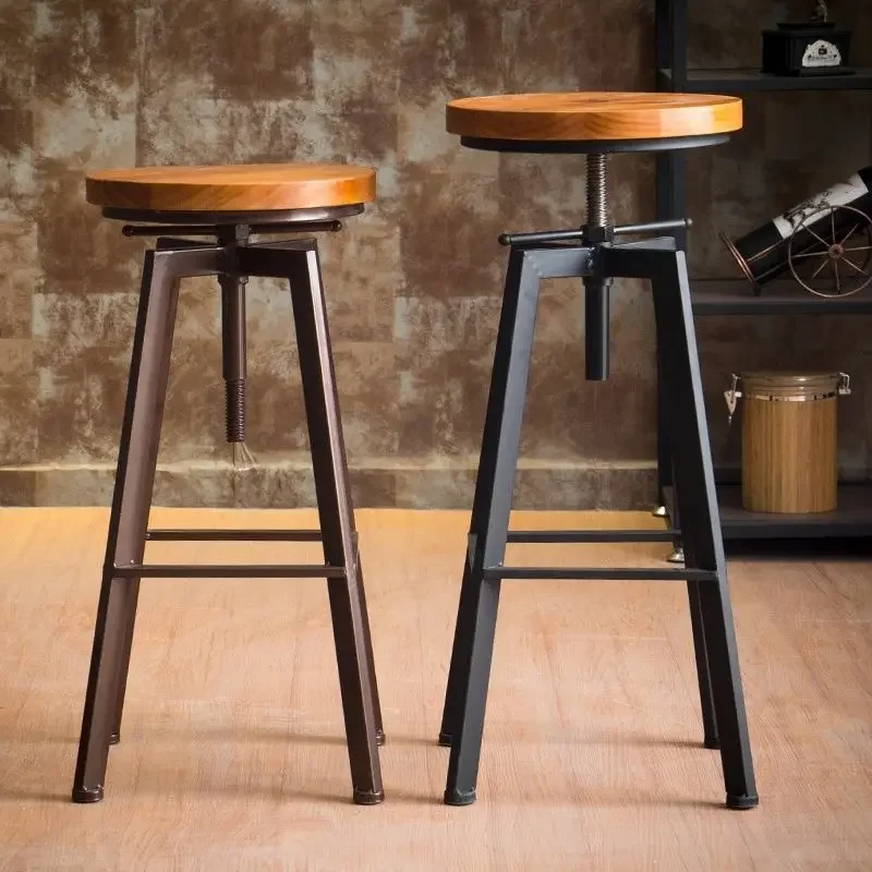 Adjustable Solid Wood Kitchen Chair, Iron Restaurant Bar Chair, Industrial Wind Rotation Bar Stool, Home Lift Bar Chair