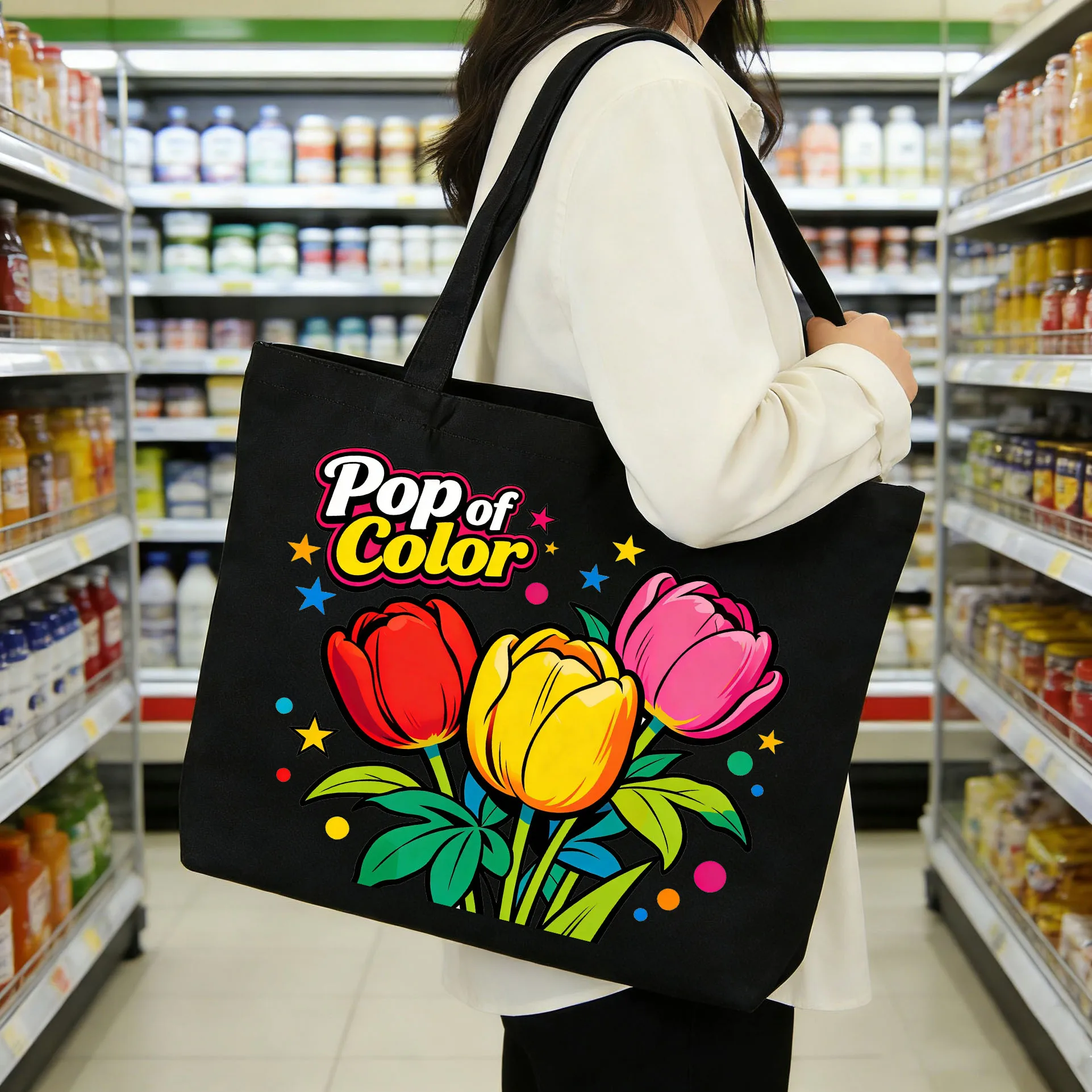 

Цельная холщовая сумка на тему тюльпана, черная ручная экологически чистая сумка, большая вместительная сумка