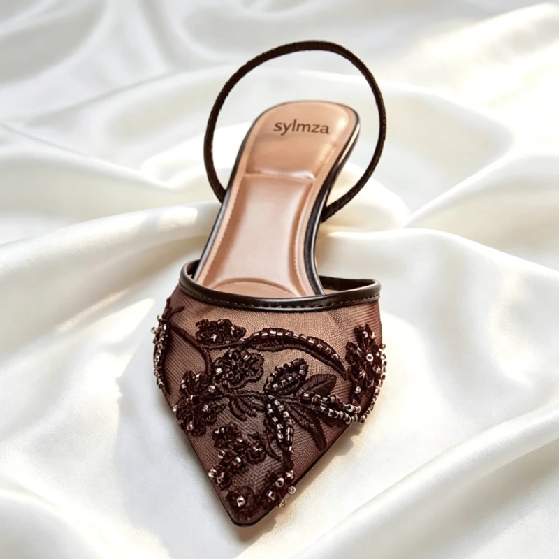 Sexy Pointed Toe Mesh Embroider High Heels for ladies Elegant String Bead pumps Summer Luxury Designer Shoe Brown Heeled Sandals