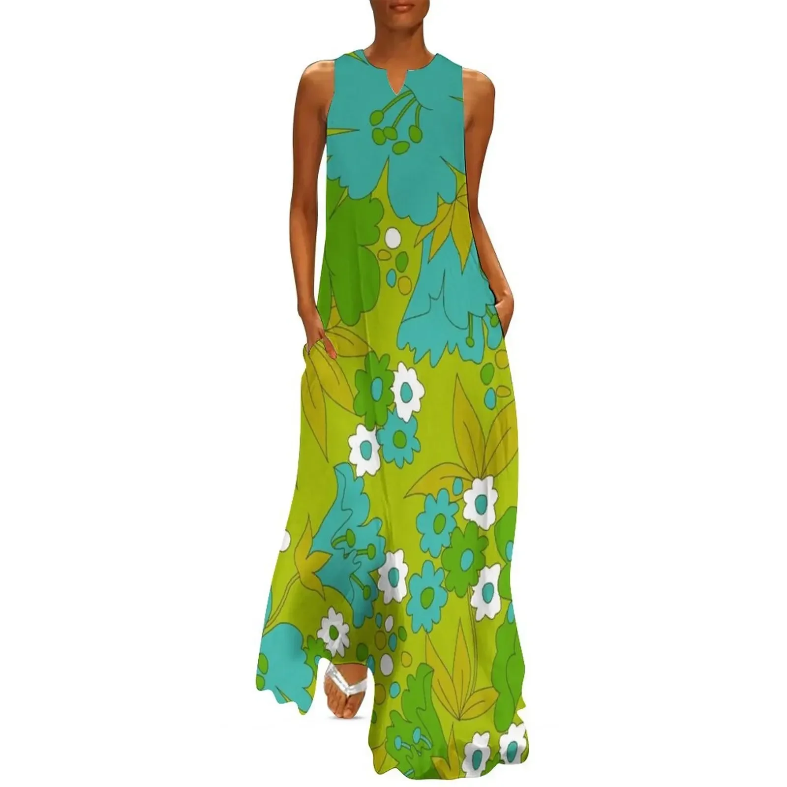 

Green, Turquoise, and White Retro Flower Pattern Long Dress woman dress prom dresses Dress
