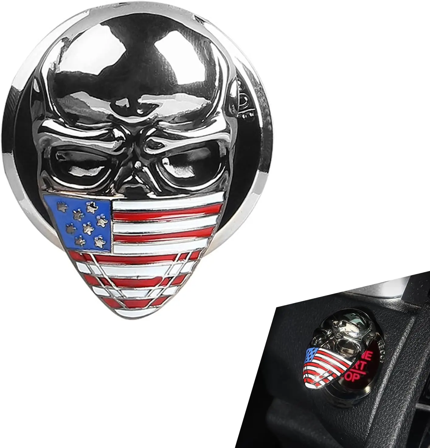 

1 PC Push Start Button Cover, American Flag Skull Design Metal Anti-Scratch Key Ignition Switch Decoration for Most Cars