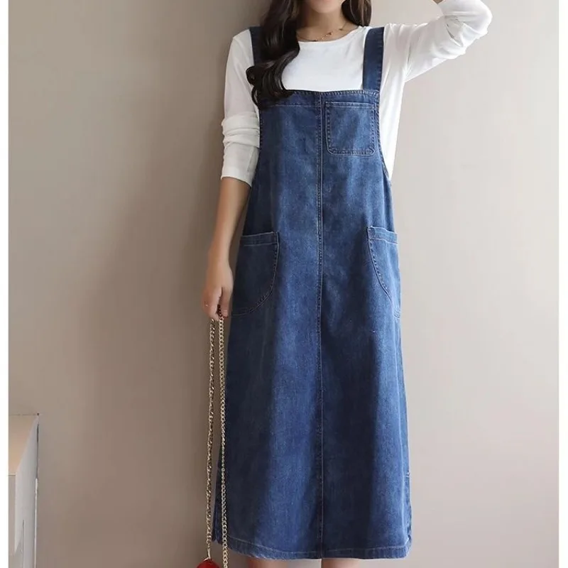 2024 Women's Summer New Korean Fashion Large Size Trendy Spliced Sleeveless Solid Distressed Pocket Loose Denim Camisole Dresses