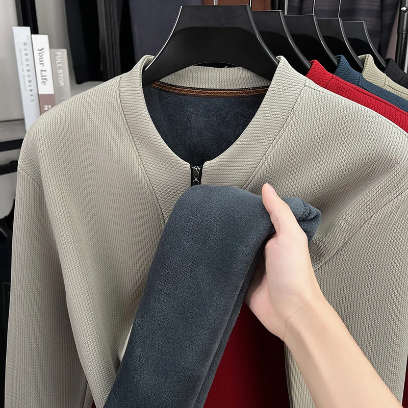 Light Luxury Men's Stand Up Collar Half Zipper Solid Color Sweatshirt with Thick Velvet Lining for Inner and Outer Wear