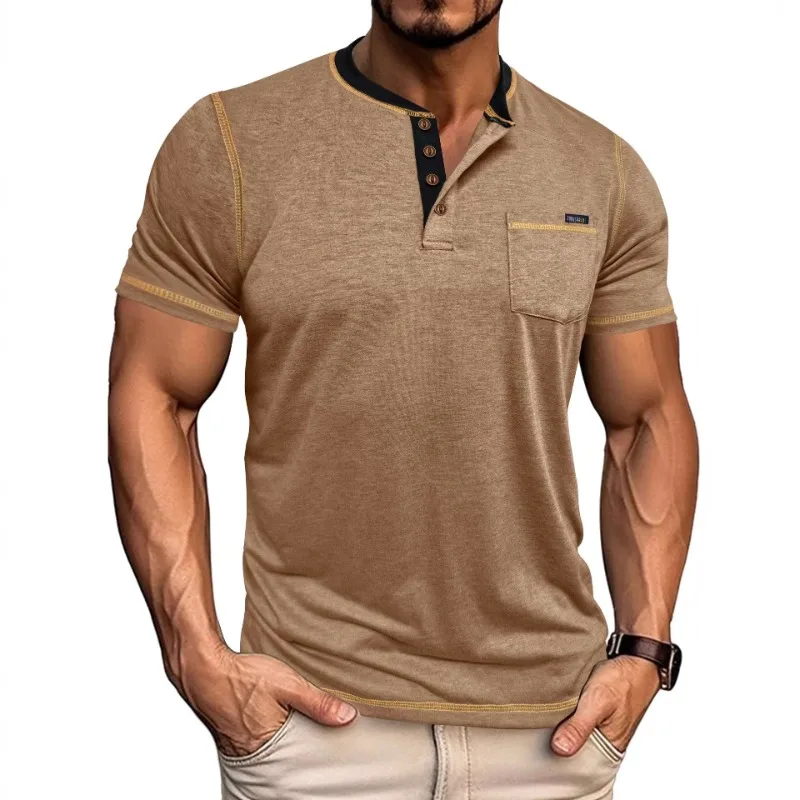 Men Khaki Henley T Shirt Contrast Trim Button Placket Short Sleeve Chest Pocket Casual Slim Fit Top