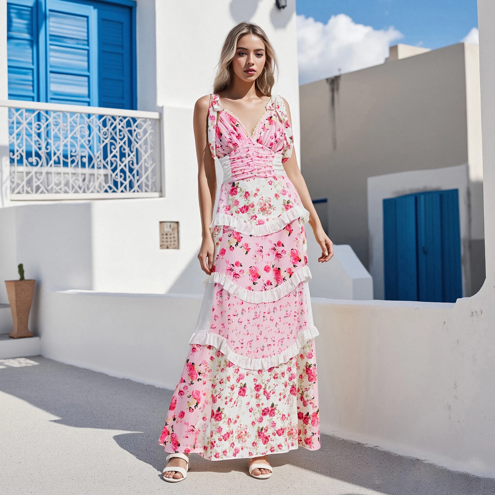 New Fashion Women Floral Cami Dress Deep V Neck Tie Shoulder Backless A-line Long Layered Ruffle Dress Hot Sale S M L