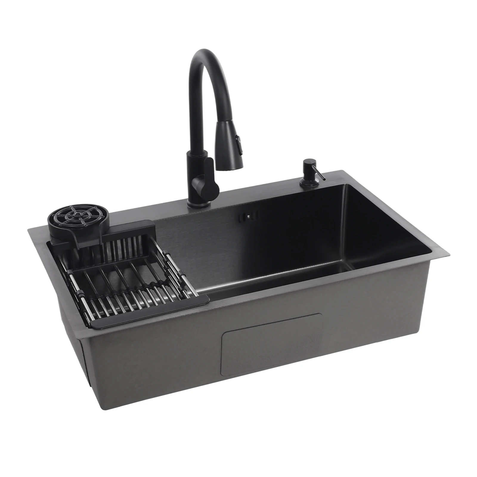 Wastafel Stainless Steel 201, Set Wastafel Dapur dengan Keran Tarik, Keran Penguras & Pipa Air Panas, Wastafel Satu Lubang, 72x45x20 cm