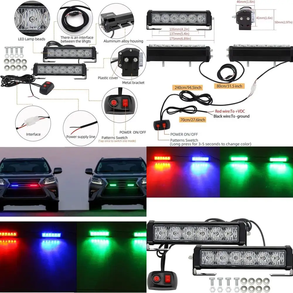 Barra per luci stroboscopiche di emergenza a LED rosso/blu bicolore con opzione verde, montaggio superficiale per motocicli, utilità e costruzione
