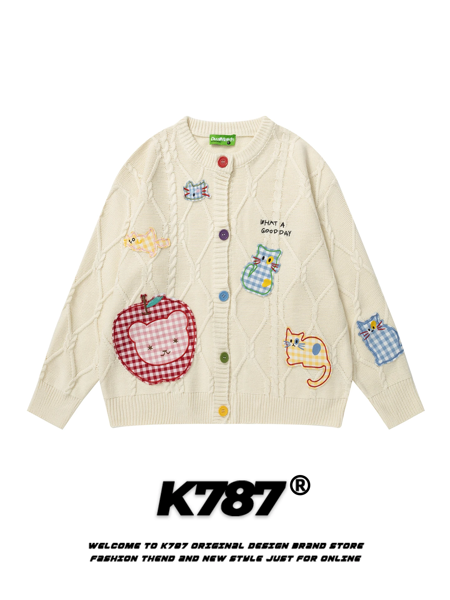 

Американский ретро-кардиган унисекс с вышивкой и пэчворком, свободный повседневный вязаный свитер для осени