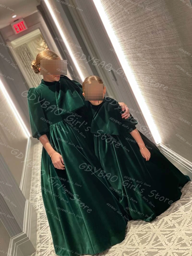 

Customized Girls Party Gown Emerald Velvet Flower Girl Dress for Wedding Kids High Waist Balloon Sleeve Communion Pageant Dress