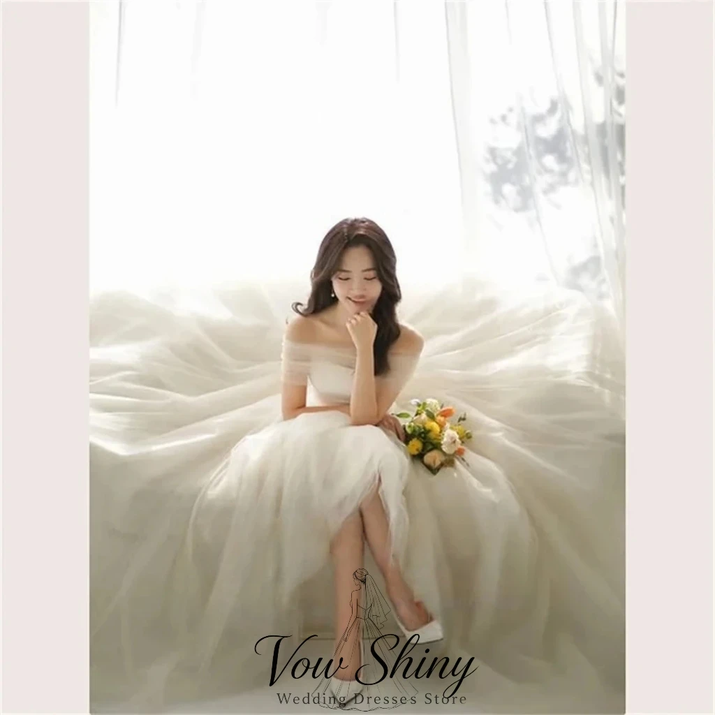 Vow Shiny Simple Detachable Off The Shoulder Korea Wedding Dress Photo Shoot A-Line Tulle Garden Bridal Gown Customized 웨딩드레스