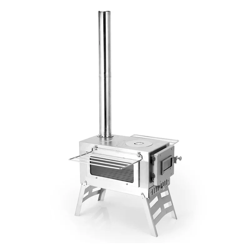 Outdoor Stainless Steel Charcoal Firewood Stove Camping Tent Glass Heating Stove Camping Stove Windproof Portable Oven